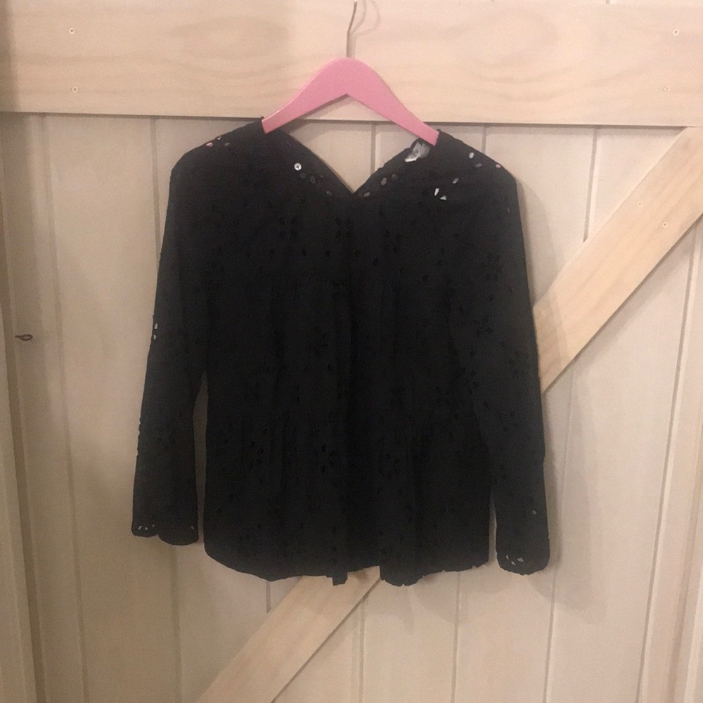 Black eyelet 3/4 length sleeve peplum top